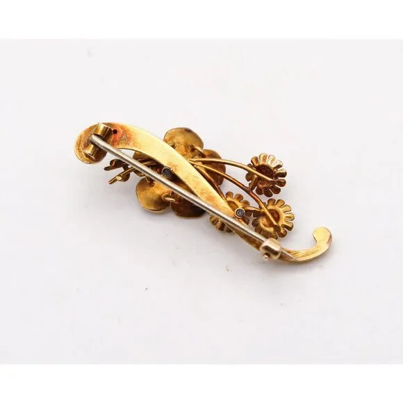 ART NOUVEAU 1900 Edwardian Enameled Flowers Brooch In 18Kt Diamond - Picture 4 of 8